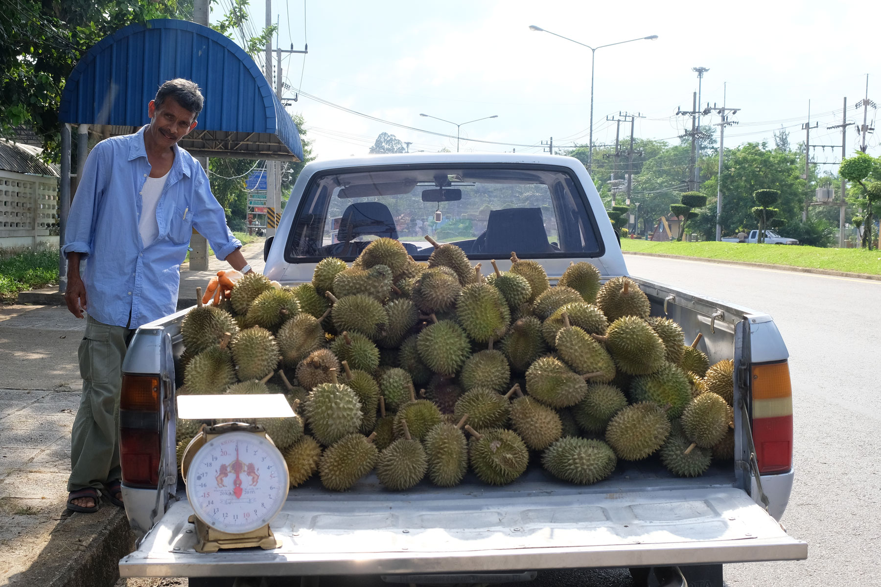 Ein Mann verkauft Durian von der Ladefläche seines Autos.